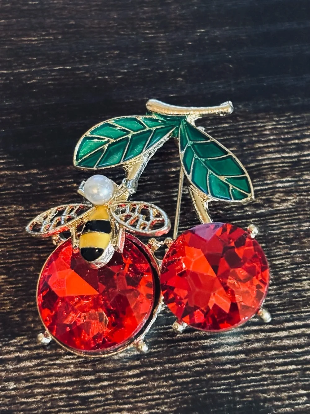 Yellow Bee & Red Cherry Crystal Brooch in Gold‎ Tone